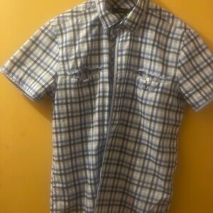 AVVA light blue dark blue white plaid button down short sleeve shirt large